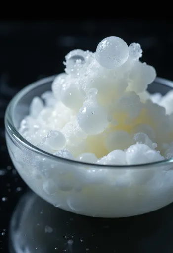 חלבון ביצה חי בקערת זכוכית על משטח עץ, ללא חלמון