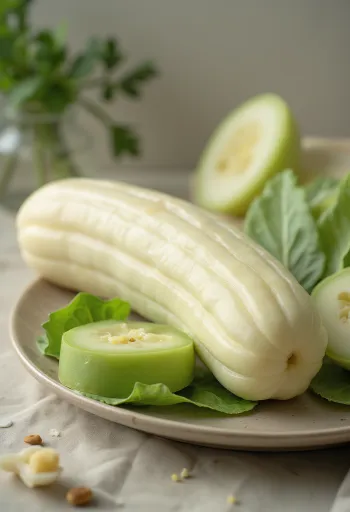 קישוא לבן טרי על קרש חיתוך, חצוי, עם פנים בהיר