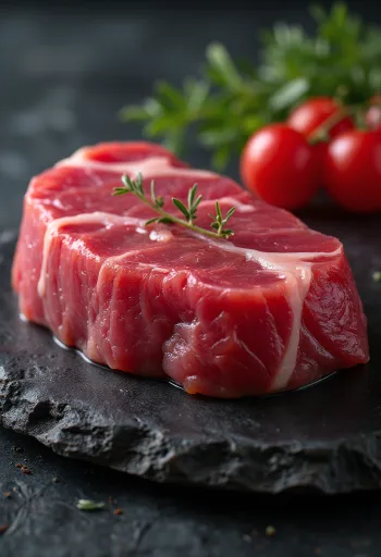 נתחי טונה טרייה עם תבלינים ולימון על קרש חיתוך מעץ