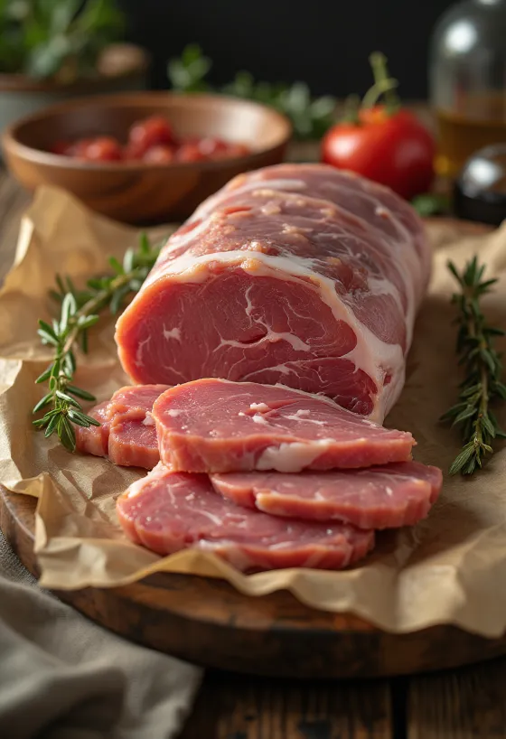 פרוסות סינטה חזיר בר טריות על קרש חיתוך עם עשבי תיבול