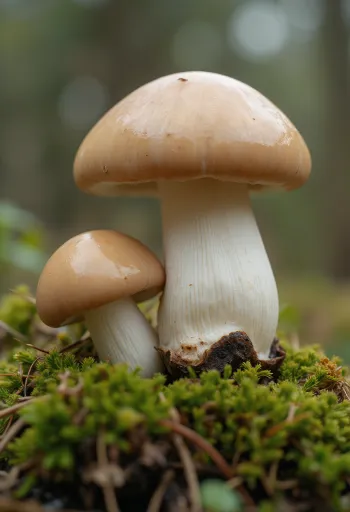 פטריות פורצ'יני טריות במטבח כפרי, על שולחן עץ