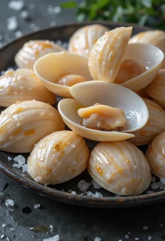 בשר צדפות וונגולי נקי על קרח עם לימון ופטרוזיליה