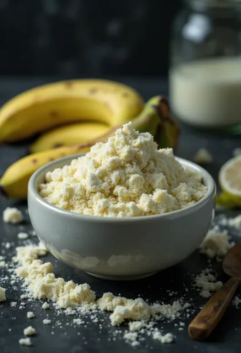 קמח בננה ירוקה בקערה ועל כף, מוקף בבננות ירוקות