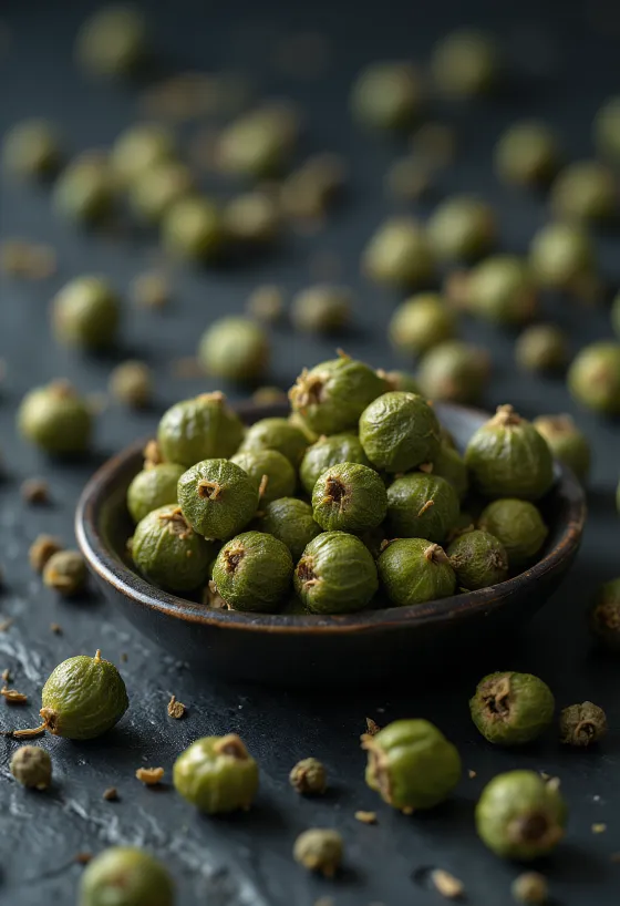 גרגרי פלפל ירוק שלמים יבשים בקערית