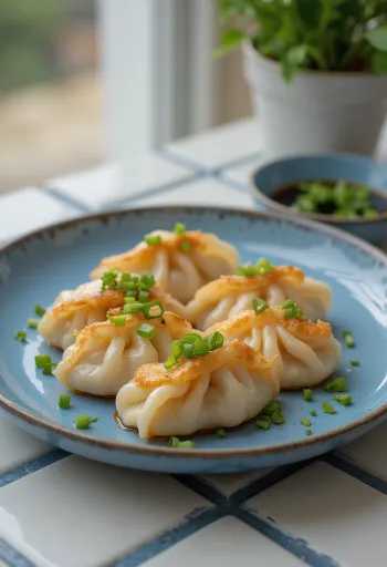 גיוזה סרטנים יפנית בבצק עם תחתית פריכה, מילוי שרימפס, מוגשת עם מטבל סויה