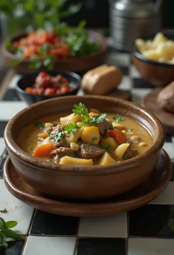 נזיד תה חמאת יאק מוגש בקערה כפרית עם עשבי תיבול טריים.