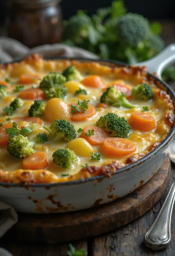 גראטן ירקות בשכבות, אפוי עם גבינה ותבלינים.