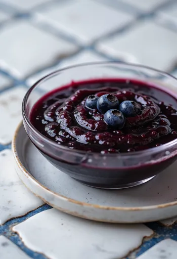 רוטב בלסמי עם אוכמניות וצ'ילי בקערה, מקושט באוכמניות טריות ופרוסות צ'ילי.