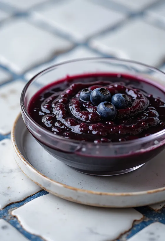 רוטב בלסמי עם אוכמניות וצ'ילי בקערה, מקושט באוכמניות טריות ופרוסות צ'ילי.