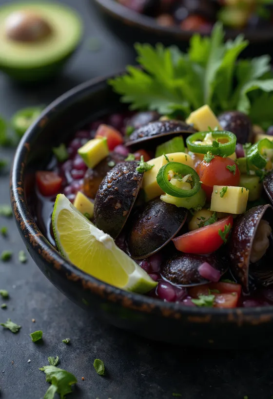 סביצ'ה דה קונצ'אס נגראס, מוגש עם פירות ים טריים ואבוקדו