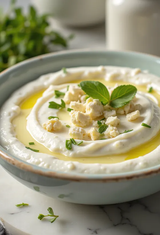 מטבל יוגורט ופטה עם שמיר מוגש עם פיתה טרייה