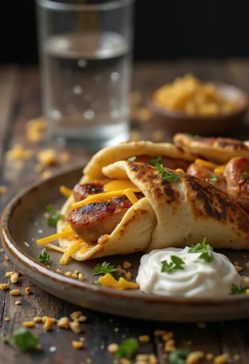 פיתה עם נקניק גבינה מותכת וירקות טריים