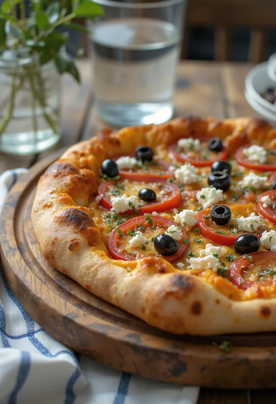 Pizza Greca עם גבינת פטה, זיתים שחורים ועגבניות טריות