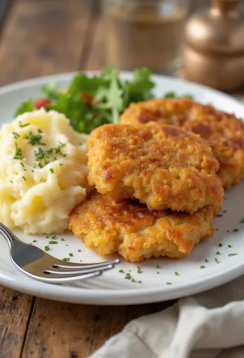 שניצל פילה בקר מוגש עם פירה ופטרוזיליה