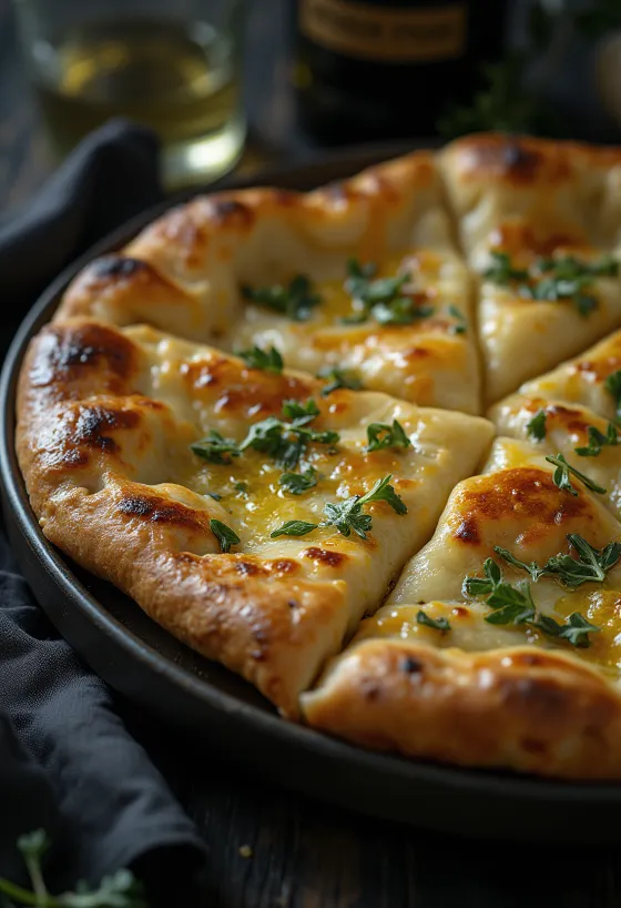 קלצונה עם שום, בעל קרום זהוב, ממולא בשום וגבינה