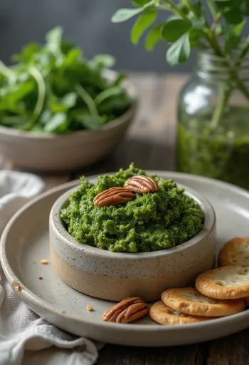 פסטו קייל ופקאן מוגש בצלחת בהירה, במרקם קרמי
