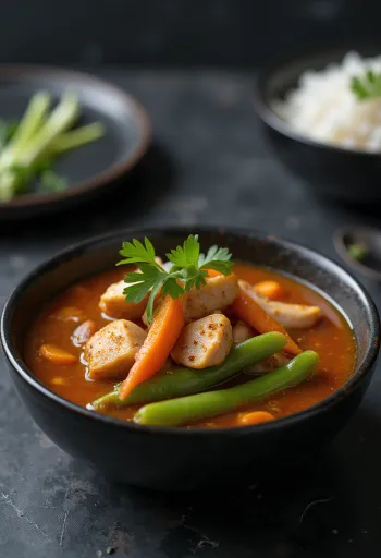 סיניגאנג עם תבליני טנדורי, מקושט בכוסברה טרייה