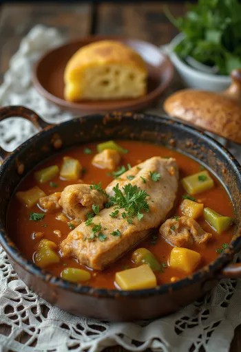 תבשיל זנב אליגטור מוגש עם לחם טרי.