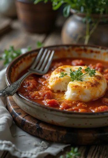 סגנאקי ברוטב עגבניות, מוגש עם גבינת פטה, מעוטר בפטרוזיליה