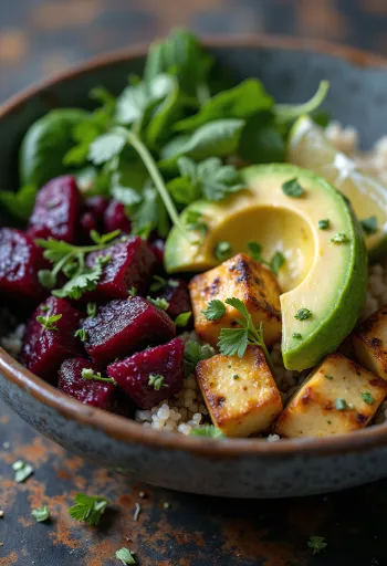 קערת בודהה עם קינואה, תרד וטופו סלק-ליים מוגשת