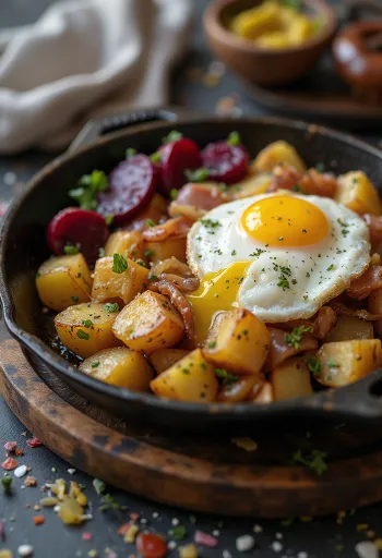 פיתיפנה עם תפוחי אדמה מטוגנים, ביצת עין וחרדל מוגש