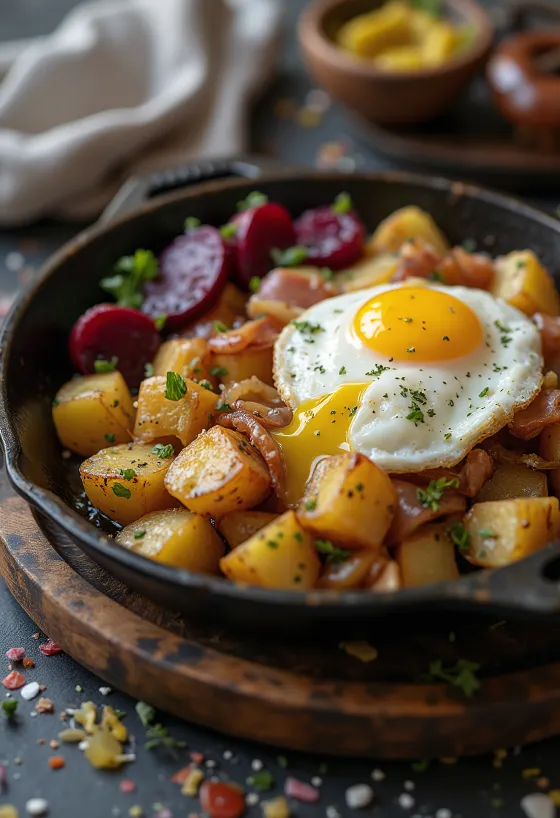 פיתיפנה עם תפוחי אדמה מטוגנים, ביצת עין וחרדל מוגש
