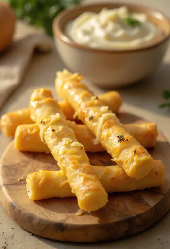 מקלות גבינה פריכים אפויים לגוון זהוב, זרויים בנדיבות בגבינה מגורדת