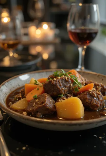 תבשיל אנטילופה עם ירקות מוגש בקערה כפרית.