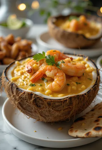 שרימפס דאב צ'ינגרי עם גראם מסאלה, מוגש עם חלב קוקוס וכוסברה טרייה