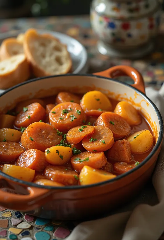 פפריקש תפוחי אדמה עם נתחי תפוחי אדמה עסיסיים, נקניק מעושן ופטרוזיליה טרייה מעל