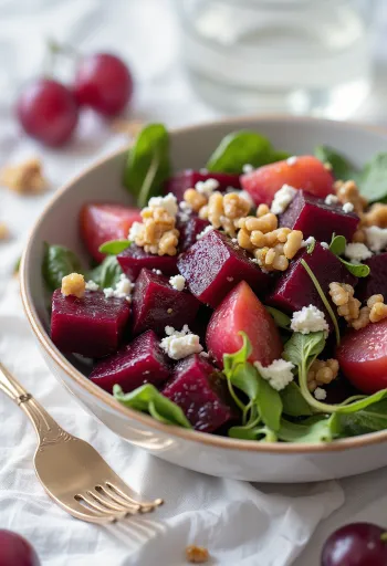 סלט סלק וענבים פרביוטי מוגש עם גבינת פטה ואגוזים קלויים