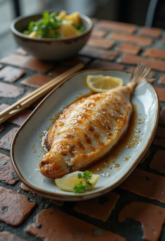 שיואיאקי דג סול על צלחת לבנה, מוגש עם לימון וכוסברה