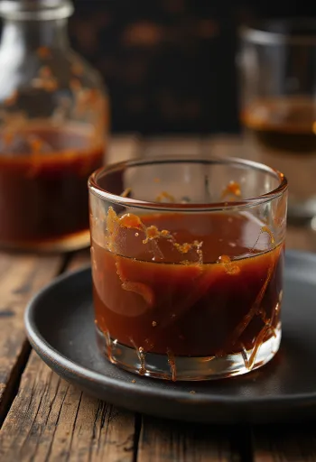 רוטב ברביקיו עם וויסקי בורבון בקערה, עם תבלינים טריים ובשרים בגריל ברקע.