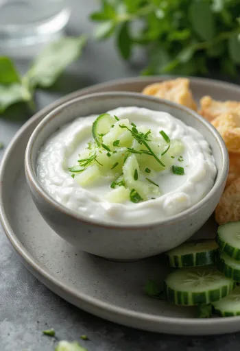 רוטב יוגורט ומלפפונים מוגש עם ירקות טריים