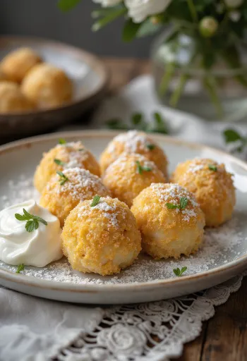 כופתאות גבינה רכות עם שמנת חמוצה מתוקה ומפוזרות בפירורי לחם קלויים.