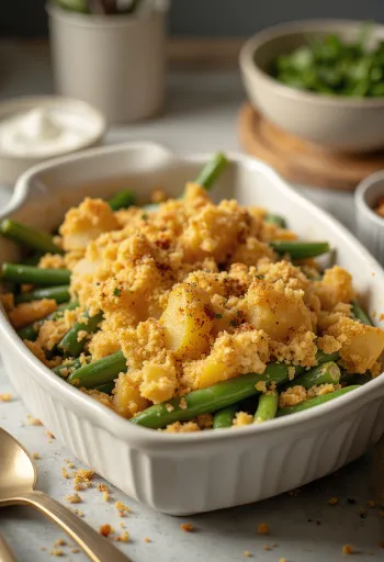 מאפה שעועית ירוקה טבעוני עם תפוחי אדמה מוגש