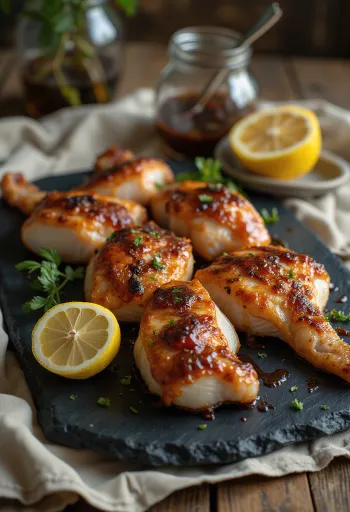 עכסן בברביקיו מוגש על מגש עץ עם רוטב ברביקיו.