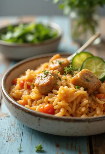 אורז עם בשר עסיסי עם נתחי חזיר וירקות.