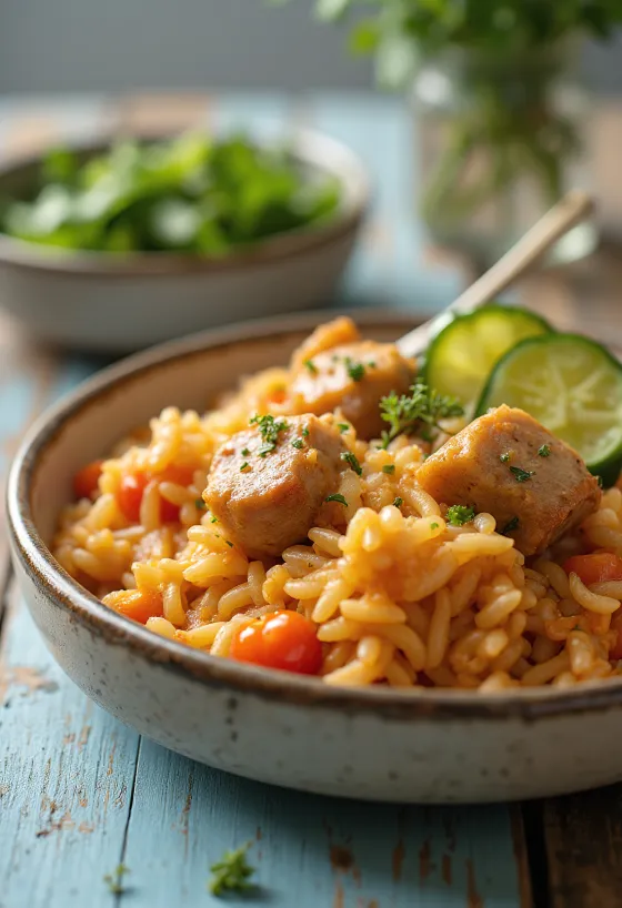 אורז עם בשר עסיסי עם נתחי חזיר וירקות.