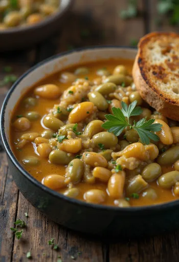 נזיד שעועית ירוקה ברוטב שמנת סמיך, מפוזר בשמיר טרי