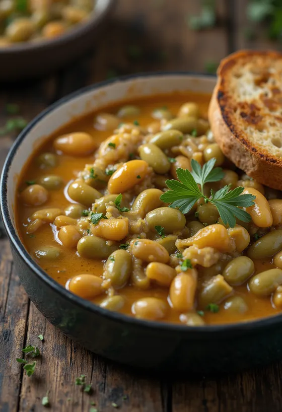 נזיד שעועית ירוקה ברוטב שמנת סמיך, מפוזר בשמיר טרי