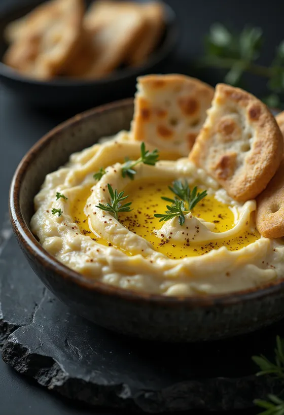 ממרח חצילים עם פיתה ופטרוזיליה טרייה