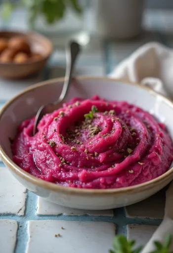 מחית סלק ובטטה בכלי בהיר, במרקם חלק וקרמי, מזולף בשמן זית