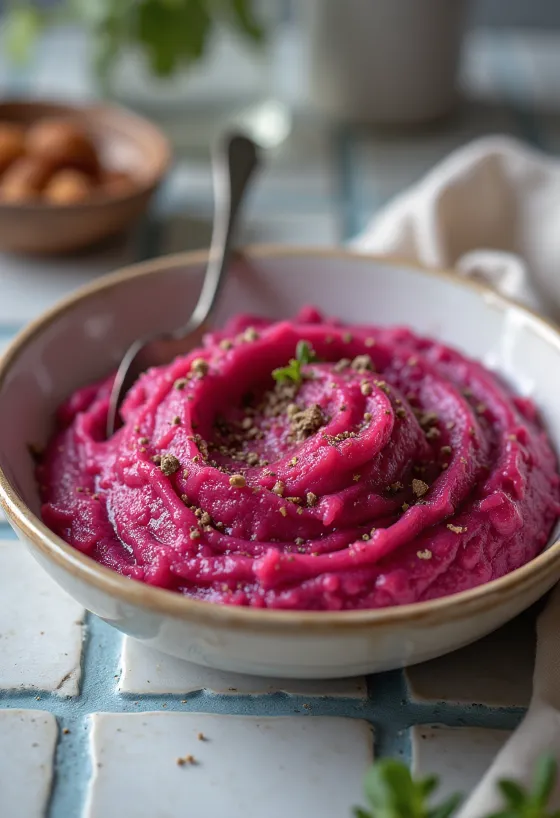 מחית סלק ובטטה בכלי בהיר, במרקם חלק וקרמי, מזולף בשמן זית