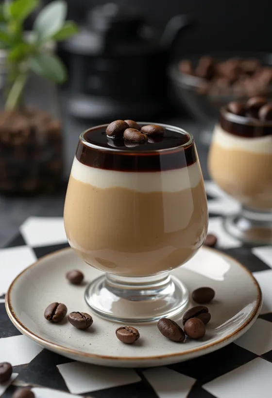 פנה קוטה קפה מקושטת באבקת קקאו וקצפת