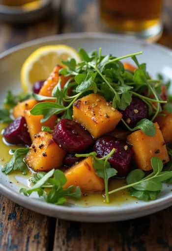 סלט סלק ובטטה צלוי מוגש עם רוקולה וטבעות כרישה