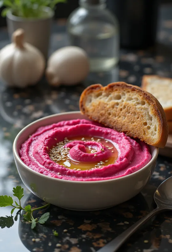 חומוס סלק מוגש עם טוסט