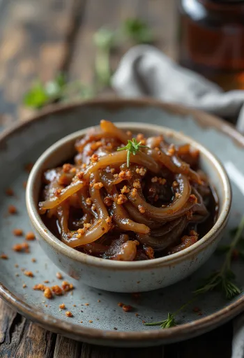 רוטב בצל מקורמל עם צ'ילי בקערה, מקושט בצ'ילי טרי.