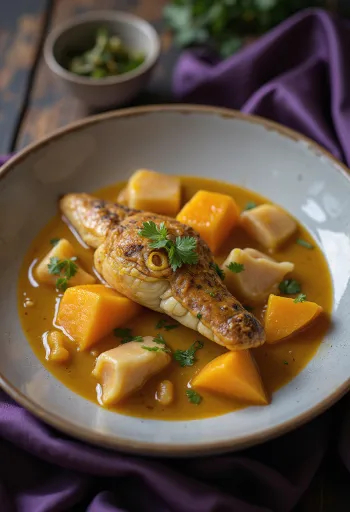 קארי תנין ודלעת מוגש בקערה עם כוסברה טרייה.