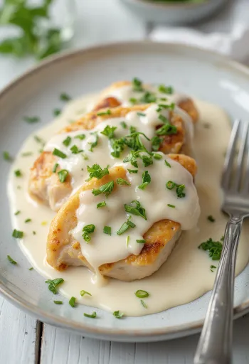 חזה עוף עסיסי ברוטב שמנת, זרוי פטרוזיליה טרייה ומוגש עם פסטה.